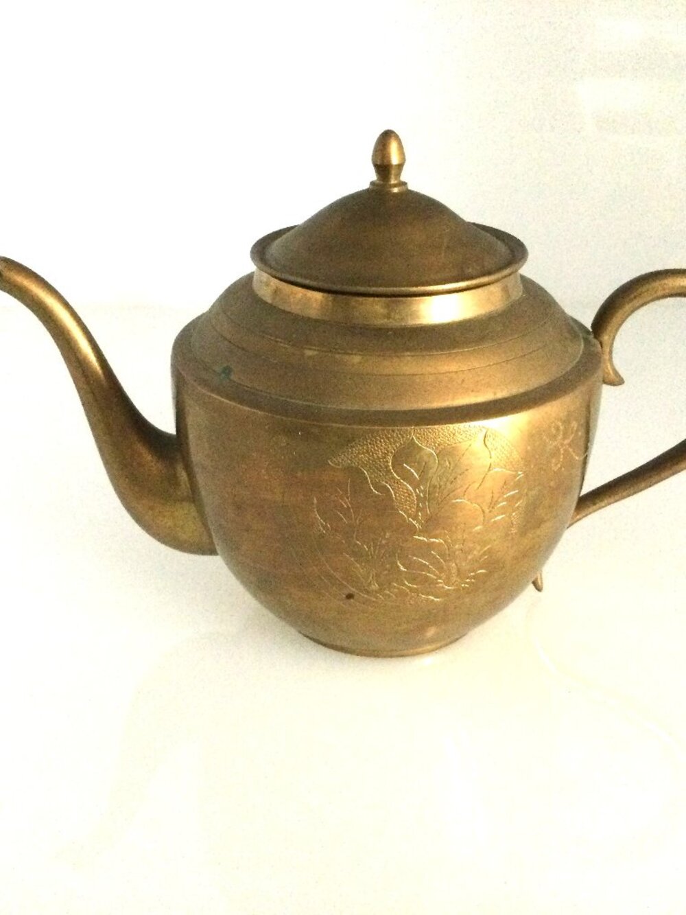 Vintage Etched Brass Lidded Teapot 6" Tall by 9" wide with Aged Patina